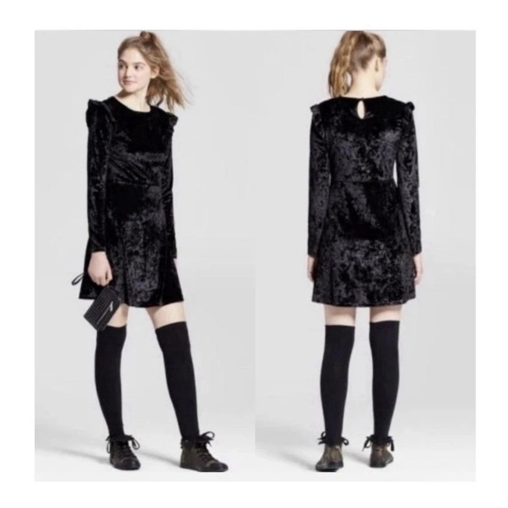 Long Sleeve Black Velvet Velour Mini Dress S Whimsigoth Dark Fairy Rocker Grunge